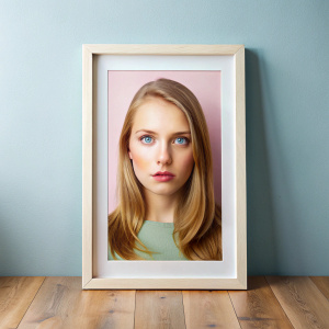 Un porta retrato de 15 cm por 20 cm sin bordes de color negro con la vista en dónde la fotografía cubra todo el portaretrato y que se vea de frente y el fondo de pared que sea de un color sólido en tonos pastel
