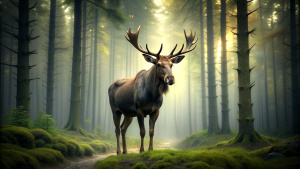 Moose whole body, dramatic scene, in forest