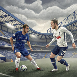 Eden Hazard and Christian Eriksen competing on an empty stadium field. Both dressed in their respective team colors, Chelsea and Tottenham Hotspur.