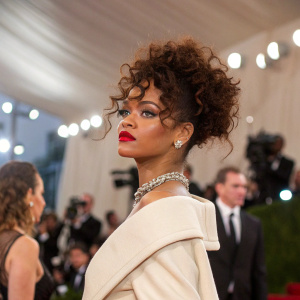 Rihanna, with curly hair and red lips, at a glamorous fashion event.