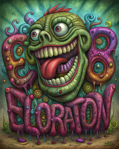 la parola "elaboration" forma un mostro che ride beffardo