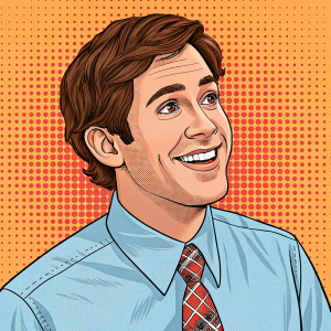 Jim Halpert from The Office, cartoon character, friendly smile. Wearing light blue shirt and plaid tie. Vibrant colors, patterned background, bold illustration style.