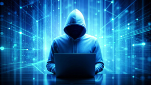 Hacker in data security concept. Hacker using laptop. Hacking the Internet. Cyber attack.