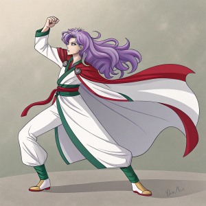 Digital art of Master Genkai, from Yu Yu Hakusho, standing in a dynamic pose. Long wavy purple hair. Wearing flowing white, red and green outfit. Neutral-toned background.