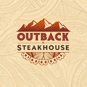 Outback Steakhouse logo design. Features stylized mountains in warm hues, bold font against a textured paper background with intricate patterns. Focus on restaurant name and imagery.