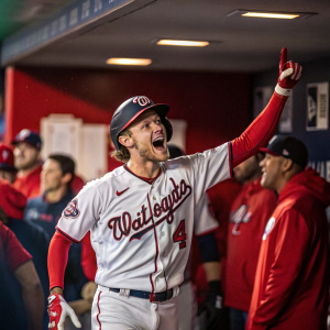 Trea Turner, baseball star, in a locker room celebration. Wearing Washington Nationals uniform. Teammates cheering in the background