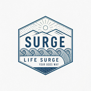 Modern logo featuring bold 'Life Surge' text with intricate wave pattern. Tagline 'Surge Your Life God's Way' in smaller font below. Clean and sleek digital illustration.