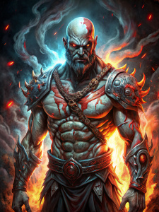 Create a (((full-body))) depiction of a terrifying skeletal version of Kratos from God of War in a dark and ominous environment. Illuminate the scene with dim lighting, accentuated by eerie highlights to enhance the foreboding atmosphere. Utilize digital painting or illustration to achieve an ultra-realistic portrayal, with intricate details that bring the character to life. Employ a color scheme dominated by dark and sinister tones to evoke a sense of dread. 