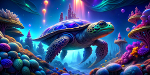 Underwater landscape with a futuristic turtle 3D 4K ultra realistic super detailed vivid colors in detailed closeup