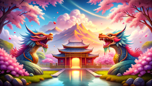 sea, background for the game, Chinese new year, 
two wooden dragon