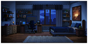 pixel art gamer bedroom, dark colours