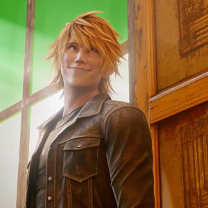 Digital rendering of Prompto Argentum from Final Fantasy XV. He stands against a vibrant green backdrop, smiling confidently with blonde hair flowing slightly. The focus is on his face and upper torso.