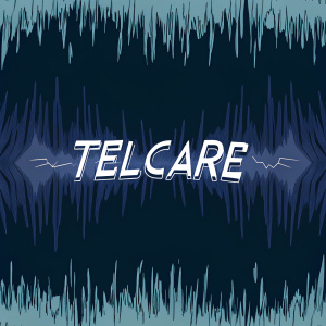 Stylized waveform logo for Telcare. Modern font for brand name 'Telcare' emerging from sound wave design.