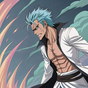 Grimmjow Jaggerjack from the anime series Bleach. Blue hair, fierce stance, set against a backdrop of swirling, colorful shapes creating a dramatic, manga-style illustration.