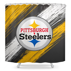 A creative shower curtain design. Pittsburgh Steelers logo prominently featured. The background is a mix of metallic and vibrant colors, giving a modern abstract feel. Brushstroke texture adds depth and uniqueness.