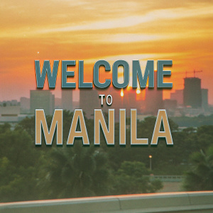 Design concept for 'Welcome to Manila' sign. Features sunset skyline and sleek lettering. Color scheme reflects urban vibe.
