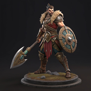 3D render of Draven from League of Legends. Detailed with focus on his gladiator attire and weaponry. In a ready stance with a fierce expression. Flat base against dark background. Close-up