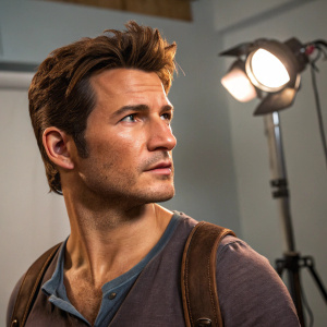 Nathan Drake, male character, medium complexion, styled brown hair, determined look. Indoor studio setting, spotlight on facial features.