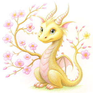 illustration of a cute dragon in spring day with sakura