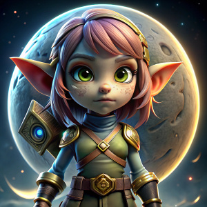 duende guerrera femenina, de cabello largo, con ojos color morado, csosteniendo un martillo de guerra, estilo chibi pixar, con luna background