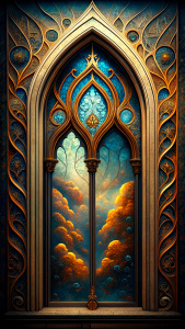 hight gothic windowl  design - perfect realistic art - high-definition - brown and black - white background 