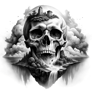 skull island tattoo design - perfect realistic art - high-definition - grey and black - white background 