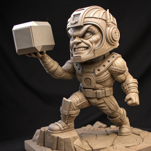 Close-up of a detailed sculpture of MODOK, a Marvel villain. Dynamic pose, holding a cube. Dark studio backdrop