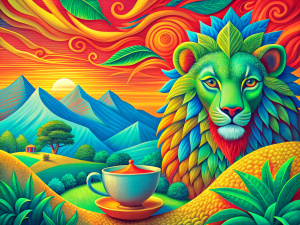 illustration, abstraction, Brazil, symbol of  Brazil spotted jaguar, landscape, coffee cup, close-up foreground, Dali style, simple shapes, color gradient, detail of objects
