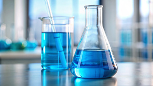 water in beaker and flask glass in chemistry blue science laboratory blur background