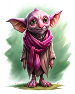 full length happy dobby in a purple scarf








