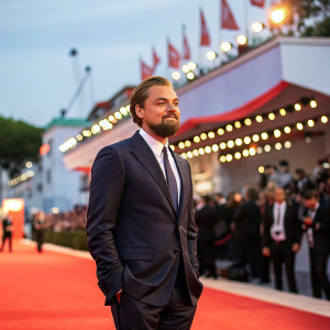 Leonardo DiCaprio, in a dark suit and beard, at the Venice Film Festival premiere of 'The Revenant'. The background features a bustling crowd and a vibrant festival atmosphere.