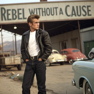 James Dean, dressed in classic 50s attire, standing alone on a vintage film set. 'Rebel Without a Cause' billboard in background