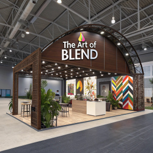 Modern and sleek trade show exhibit. Brown arch-shaped canopy, eye-catching signage with text 'The Art of Blend', blend of industrial and creative aesthetics.