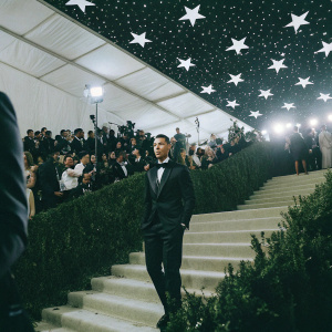 Cristiano Ronaldo, in a sleek black suit, posing at the Met Gala. The backdrop features a star-studded sky. Large crowd of celebrities and high-profile guests.