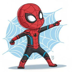 Chibi-style illustration of Spider-Man. Bold colors, dynamic pose. Spider-Man's suit, red and black. Simple line art, web-like blue background.
