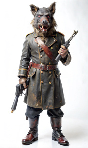
a ferocious werewolf boar with a bloody muzzle and a snout in a leather military uniform, in boots with a full-length revolver revolver on a white background