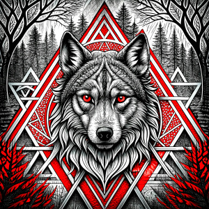 valknut runes pattern geometric symbols - wolf and trees - tattoo design - perfect realistic art - high-definition - grey and black - white background 