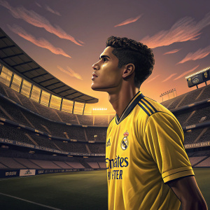 Raphael Varane, wearing a vibrant yellow training jersey with sponsors' logos, stands in a deserted stadium at dusk.