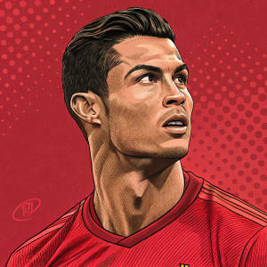 Digital art of Cristiano Ronaldo, intense expression. Artist Kom. Vibrant red color palette. Background patterned red. Illustration detailed