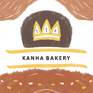 Kanha Bakery logo design. Elegant golden crown centered. Dark grey background. Bold Kanha Bakery text beneath. Contact details at bottom