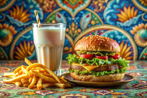 A mouthwatering sesame bun burger with golden french fries and a delicious milkshake for sale on Freepik, depicted in a vibrant and detailed digital illustration inspired by the works of Alphonse Mucha, with intricate linework and rich colors, highlighting the freshness and appeal of the meal, set against a soft, pastel background with a cheerful and lively atmosphere

Negative Prompts: ugly, tiling, poorly drawn hands, poorly drawn feet, poorly drawn face,