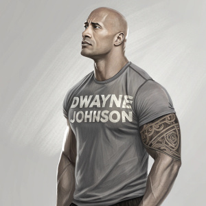 Digital sketch of Dwayne Johnson, muscular build, tattoo on arm. Plain grey background. Simple modern text overlay.