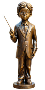 A bronze statue of a cute slender man in glasses wearing Gryffindor uniform, holding a magic wand in his right hand