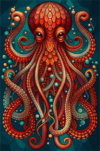 I want an artistic and unusual octopus design with a blue background. Blue water with small rectangles in the background-with little transparent jellyfish around
