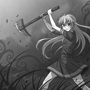 Yuno Gasai, anime character, depicted in vivid manga style. Dynamic pose, wielding large axe. Dark and moody background filled with swirling ink patterns. Black and white illustration with bold, dramatic lines.