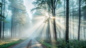 A serene forest trail at dawn, shrouded in a mystical morning mist, tall trees with dew-covered leaves line the path, soft sunlight piercing through the fog creating ethereal light rays, Photography, taken with a Canon EOS 5D Mark IV 24-70mm lens
