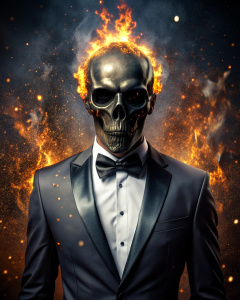 effect, photoshop action, realistic black skull with human body in tuxedo with gold spot on head, fire flames, sparks, dust, xd quality, micro detail sharpening,