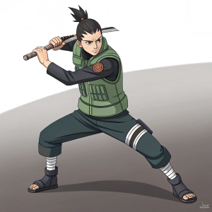 Anime-style illustration of Shikamaru from Naruto. Standing in a fighting pose against a minimalist, dark background.