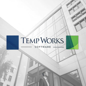 Minimalist logo for Temp Works software. Modern sans-serif font 'Temp Works Software'. Geometric shape, square to the left, divided into 3 horizontal color blocks: blue, green, and grey. Clean design, professional appearance, contemporary palette.
