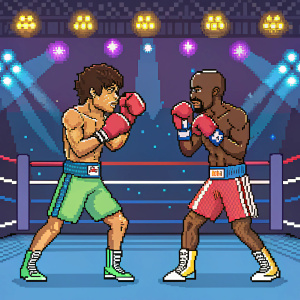 8-bit pixel art featuring Manny Pacquiao and Floyd Mayweather in a boxing ring. Background: vibrant, neon lights